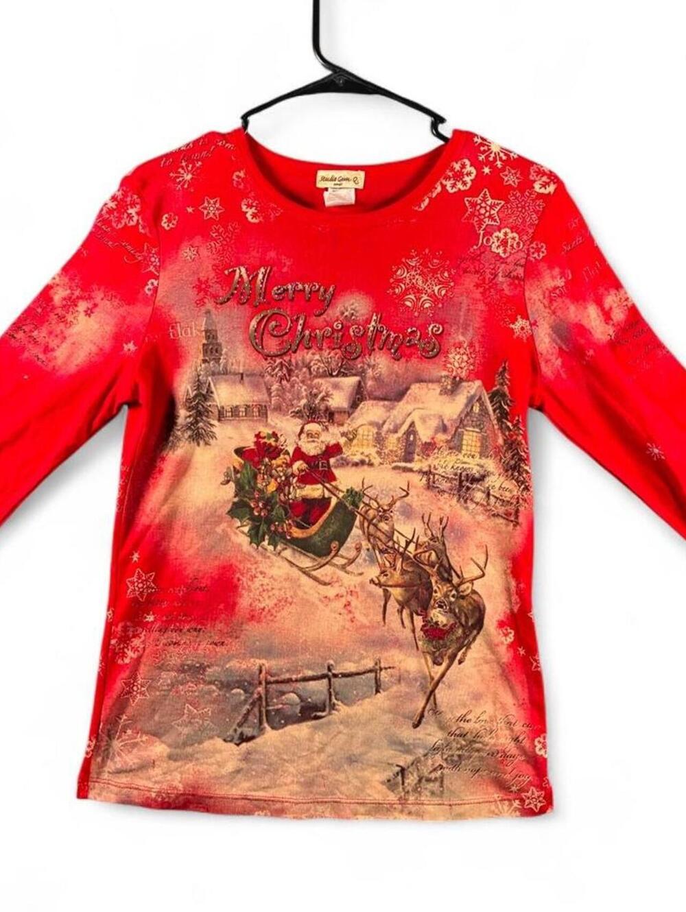 Women's Red Christmas Santa Sleigh Reindeer Long Sleeve Top Size S